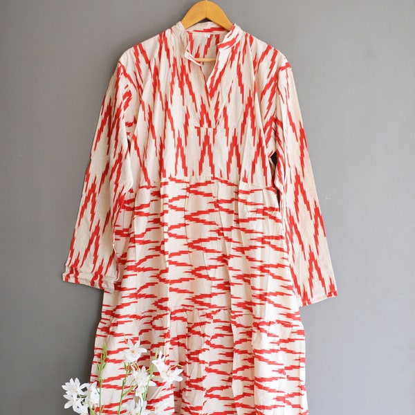 Robe de Noël rouge à imprimé ikat en coton de style indien pour femme, Tunique de plage, Robe de voyage confortable, Robe de plage, Robe de chambre