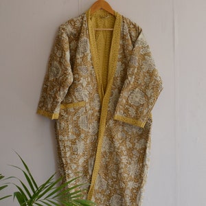 Indian Cotton Kantha Kimono, Soft Cotton Robe, Ethnic Night Wear Long Dress Kimono, Flower Block Print Kaftan Throw Bathrobe Winter Coat