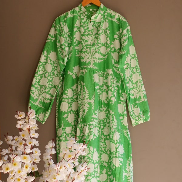 Robe longue en coton bio pour femme, robe longue pour femme à imprimé feuilles, robe tunique indienne faite main, robe longue légère et confortable pour soirée