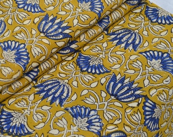 Blue Lotus Floral Printed Indian Cotton Fabric by yard, Block Printed Cotton Women Dressmaking Craft, Fabric For Curtains & Pillows Material