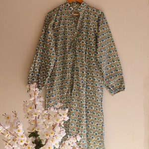 Floral Block Print Women Long Dress, Indian Tunic Vintage Bohemian Style, Cotton Long Gown, Hand Block Print Long Maxi Long Dress Bathrobe