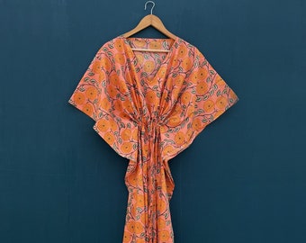 Orange Floral Printed Cotton Kaftan For Women Long & Short Bikini Cover Ups, Night Wear Soft Cozy Maxi, Indian Hand Print Maternity Robes