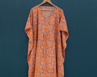 Indian Handmade Floral Cotton Kaftan,Women Dress Long Caftan,Dress Beach Cover up, Flower Hand Block Print Sleepwear Maxi Dress Kimono Rabe