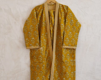 Bagru Ultra-Soft Mustard Yellow Hand Quilted Long Kantha Kimono For Bridal Party / Women House Robe / Indian Cotton Winter Bathrobe Cover Up