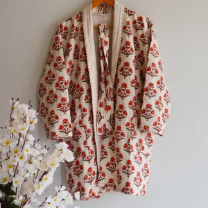 Boho Front Open Quilted Jacket Kimono Women Wear, Indian Handmade Kantha Quilt Short Jacket, Floral Block Print Dress, Winter Short Coat Art