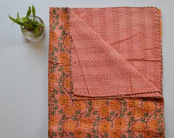 Jaipuri Cotton Handmade Kantha Quilt Bedspread Bedding Bed Cover Kitty Floral Block Print Kantha Blanket Quilt Orange Kantha Throw King Size
