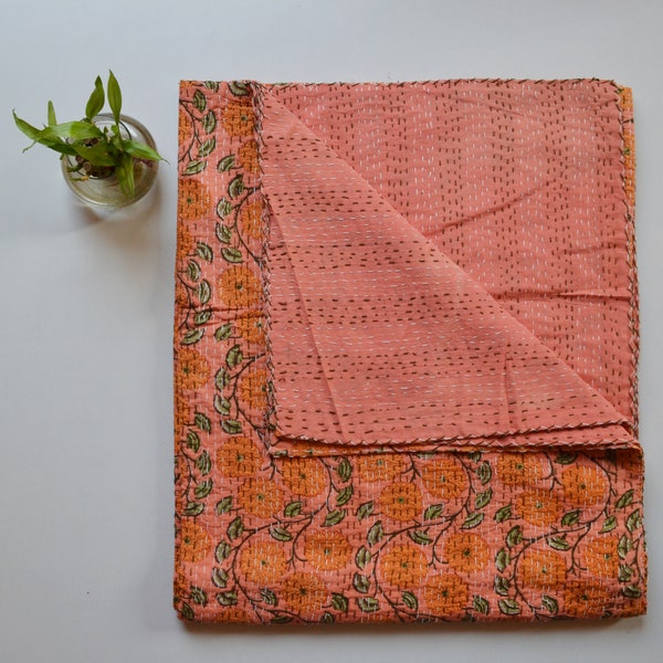 Jaipuri Cotton Handmade Kantha Quilt Bedspread Bedding Bed Cover Kitty Floral Block Print Kantha Blanket Quilt Orange Kantha Throw King Size