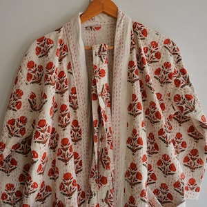 Cotton Kantha Quilt Jacket, Block Print Cotton Kantha Kimono, Beach Wear, Stitch Kantha Robe Long Bath Robes Dressing Gown For Winter Wram