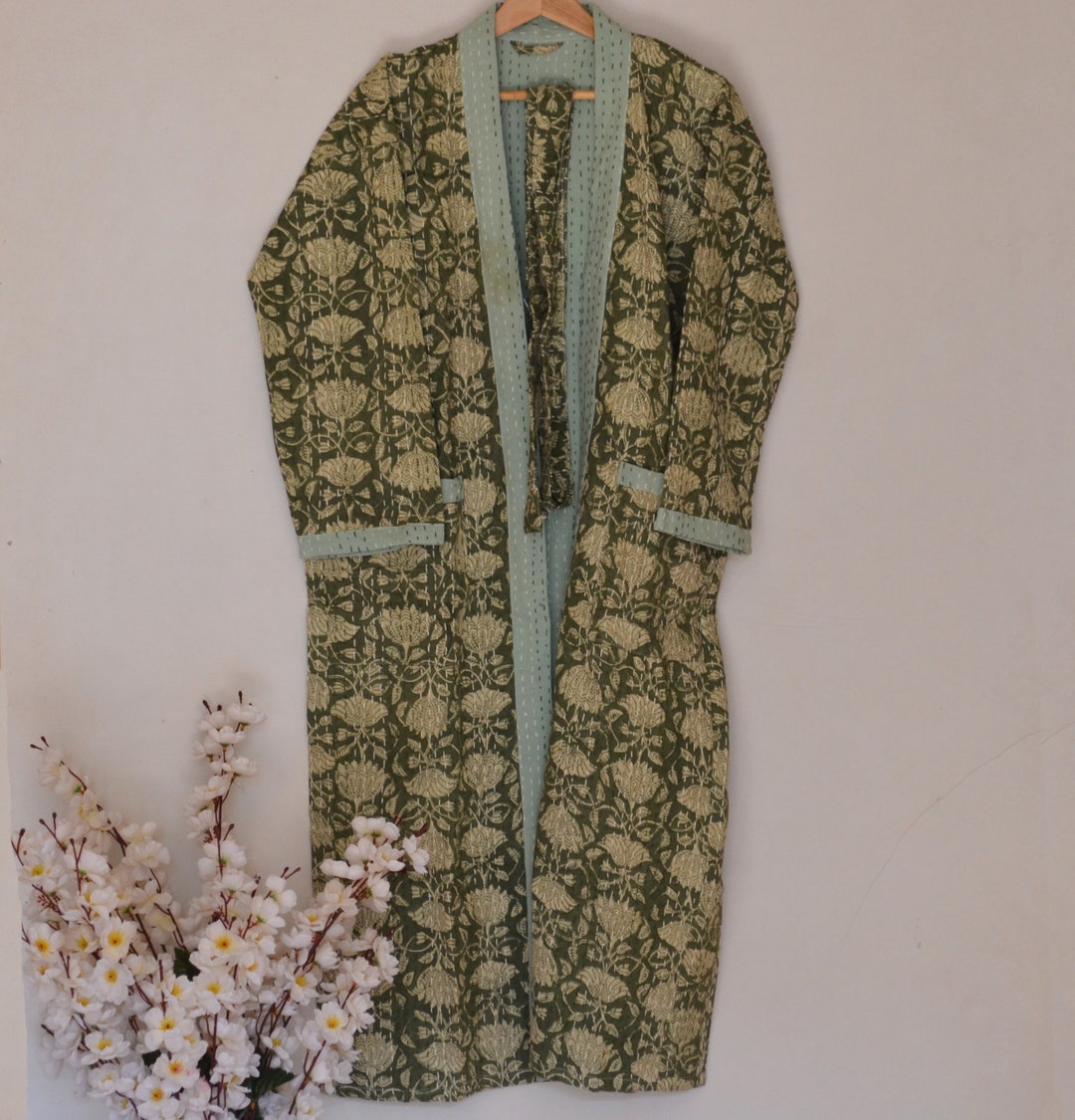 Bagru Floral Print Indian Kantha Quilt Robe for Beach Wear Cover Up