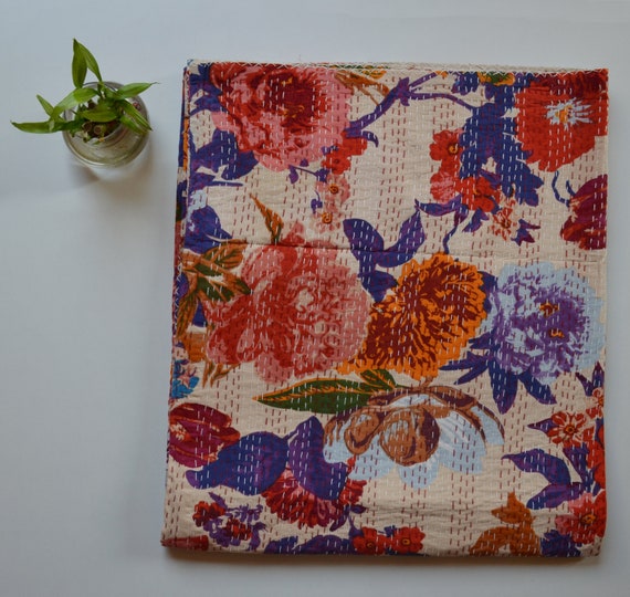 Red Floral Hand Block Printed Cotton Kantha Throw - Double bed Size Red Floral Hand Block Printed Cotton Kantha Throw - Double bed Size