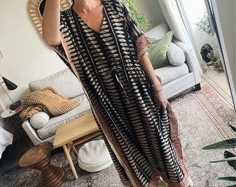 Caftan noir à imprimé bagru, caftan de bikini fait main 100 % coton, caftan de nuit, peignoir d'été, robe caftan maxi, cadeau pour elle