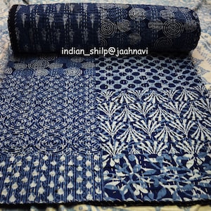 Indigo Print Cotton Handmade Ethnic Indigo Patchwork Ralli Kantha Quilt Bedding Bedspread Bed Cover Coverlet Throw Hand Quilted Indian Art