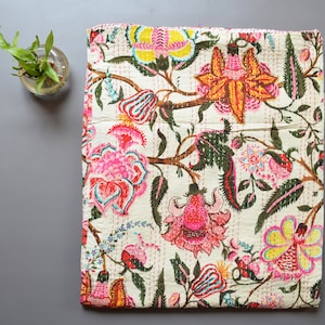 Bedding Bed Cover Kantha Handmade Quilt, Hand Block Print Kantha, Floral Block Print Kantha Blanket Quilt, Kantha Throw, Kantha Bedspread