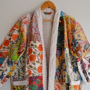 Screen Patch Print Cotton Quilted Kimono, Patchwork Bridesmaid Vintage Robes, Night House Kantha Kimono, Beach Cover Up, Women&#39;s Overcoat