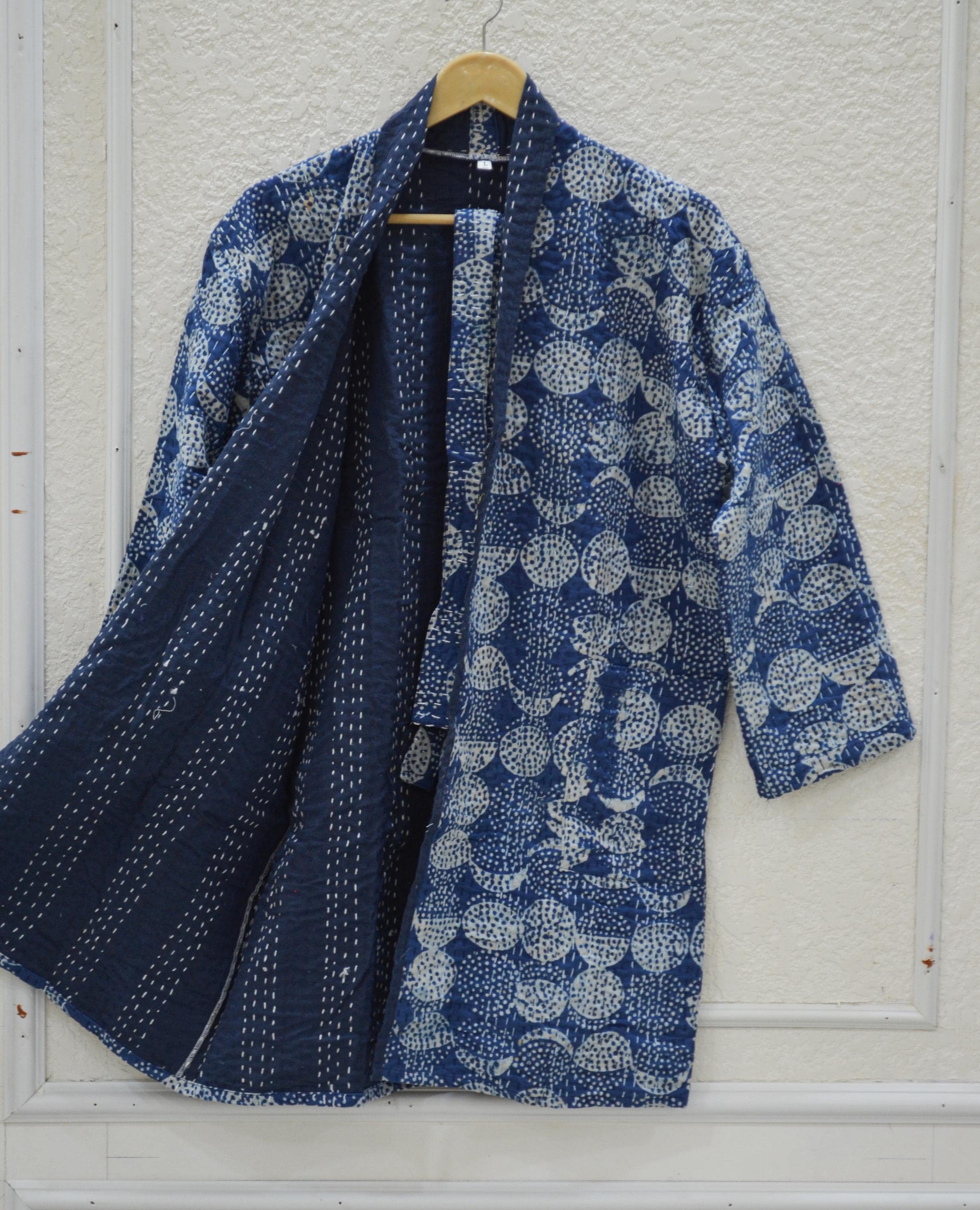 Indigo Winter Short Coat Boho Front Open Quilted Kantha Jacket Women, Indian Handmade Kantha Quilt Casual Jacket, Party Wear Vintage Coat