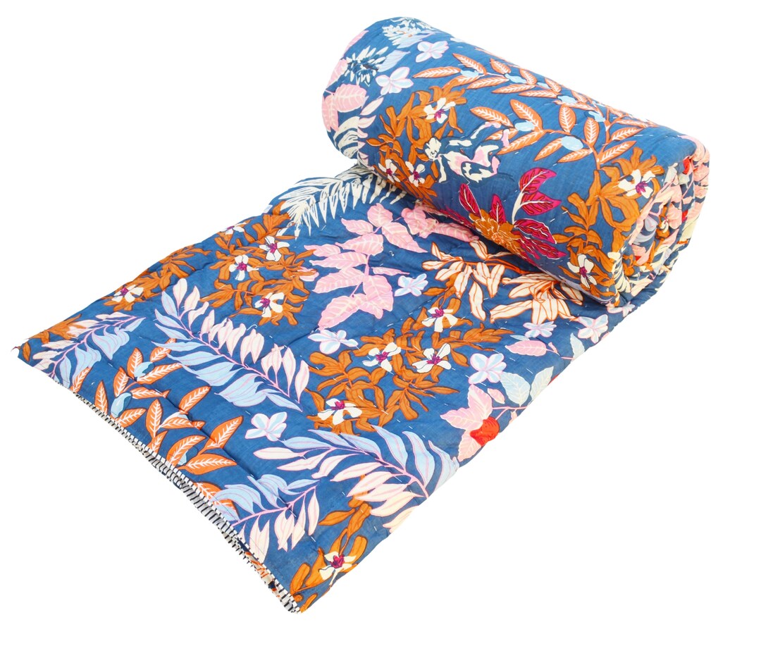 Indian Cotton Razai Quilt Floral Printed Reversible Quilt Hand Etsy