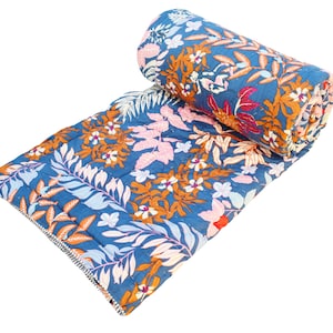 Indian Cotton Razai Quilt Floral Printed Reversible Quilt Hand Block Print Blanket Razai Throw Traditional Handmade Light Weight Coverlet