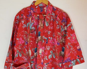 Indian Cotton Kimono Bohemian Women Clothing Night Sleepwear Long Kimono Bikini Up Throw Ethnic Bird Printed Hippie Bathrobe Tunic Gown
