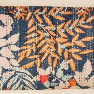 Blue Quilt ! Cotton Floral Print Kantha Applique Kantha Quilt Bed Cover Bedspread Throw Handmade Kantha Stitched Gudari Blanket Bedspreads
