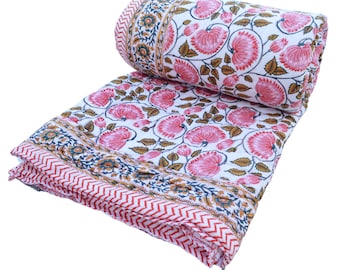 Jaipuri Print Winter Warm Razai Quilt, 100% Cotton Winter Razai Bed Cover, Bedspread Quilt Ethnic Hand Block Print Coverlet Quilt Blanket