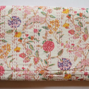 California All Size, Village Women Hand Stitch Kantha Quilt, Soft Cozy Floral Block Print Blanket Throw, Cotton Bedspread, Gifts For Mom/Ded
