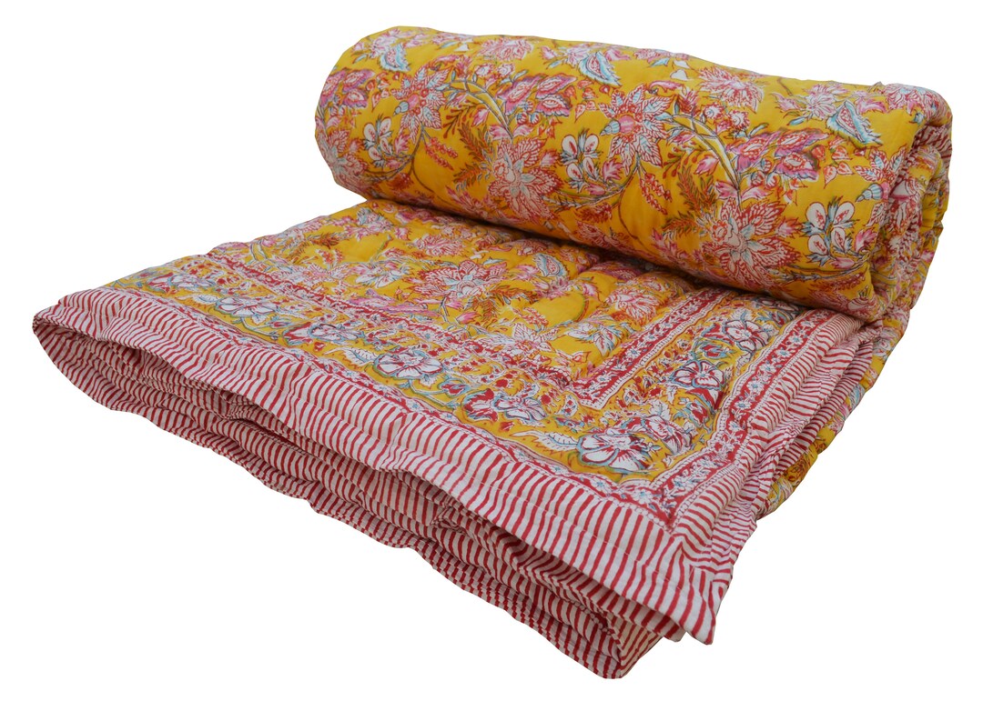 Indian Organic Cotton Quilt Razai, Flower Block Print Coverlet Razai ...