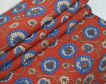 Floral Print Indian Hand Block Cotton Fabric Women's New Dressmaking Pure Cotton Fabric By The Yard, Hand Stamped Blue & Red Craft Fabric