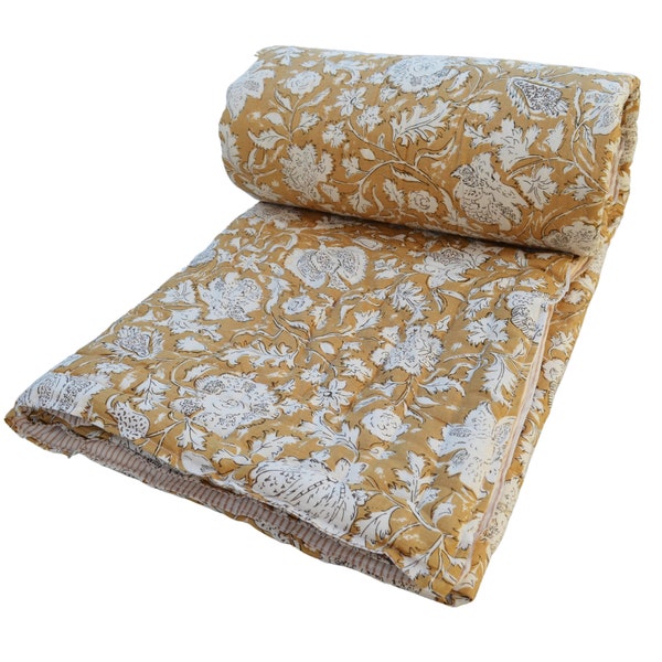 Lotus Floral Printed Quilt, Indian Handmade Coverlet Razai, Light Weight Soft Cotton Bedspread Comforter, Jaipuri Razai, Midnight Boho Quilt