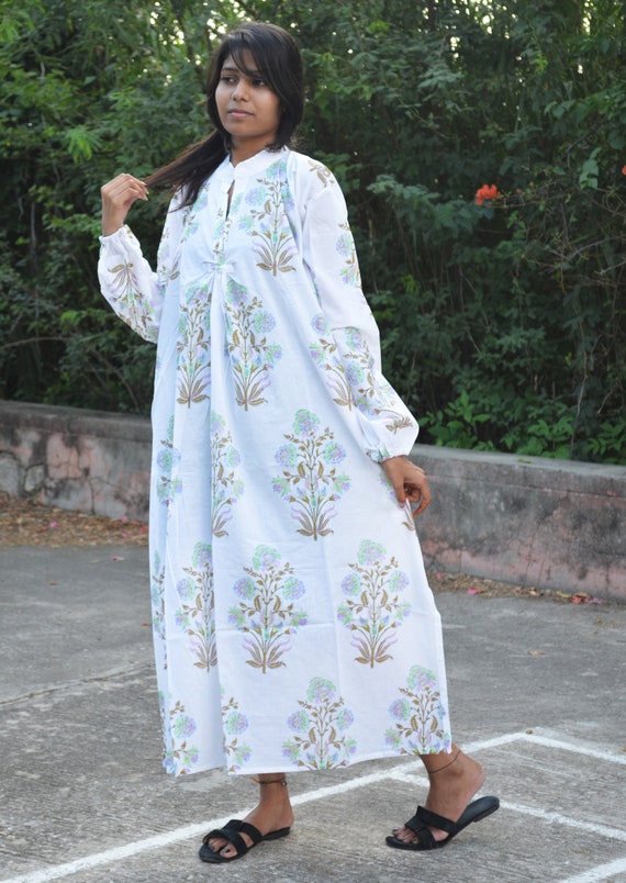 Vestido estampado en bloque de mano Vestido midi de verano Vestido cruzado con estampado floral Vestido blanco y marron con mangas completas Maxi largo de algodon puro hecho en la India