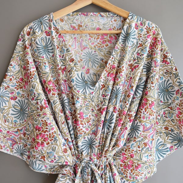 Bikini Cover up Long & Short Caftan Gown, Indian Handmade Floral Cotton Kaftan, Flower Hand Block Print Sleepwear Maxi Dress Kimono Bathrobe