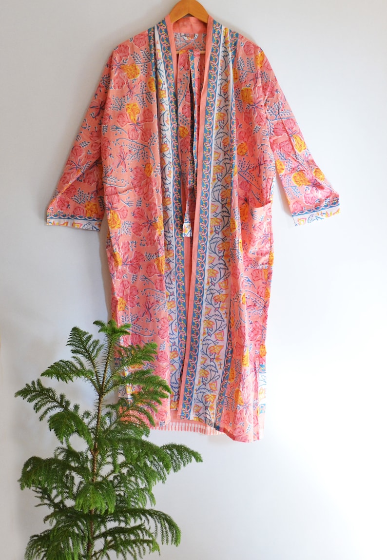 Christmas Sale Cotton Handmade Kimono Robe, 100% Cotton Women Long Bohemian Hippie Bathrobe Kimono Dress Ethnic Gown Tops Floral Printed image 2