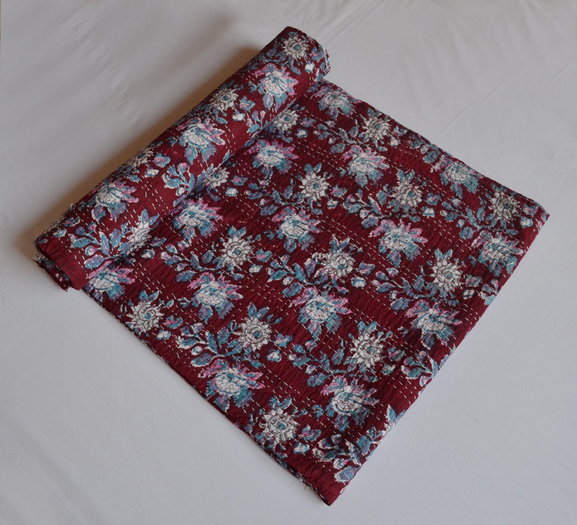 Traditional Kantha Quiltindian Cotton Kantha Quilt Floral Etsy UK