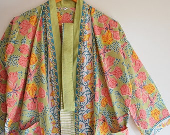 Indian Cotton Handmade Kimono Robe, Cotton Women Top Long Bohemian Hippie Bathrobe Kimono Dress Ethnic Gown Tops Unisex Wear Kimono Bathrobe