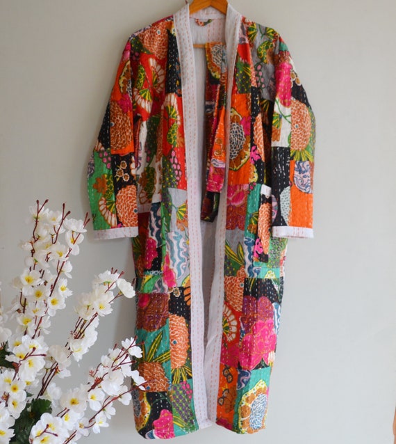 Indian Pure Cotton Kantha Quilt Jacket Fruit Patch Block Print Kantha Kimono Beach Wear Stitch Kantha Robe Long Bath Robe Dressing Gown Etsy Australia