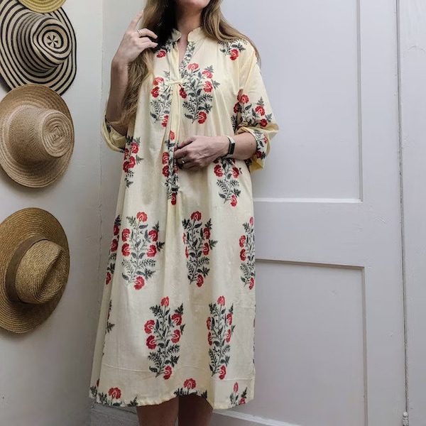 Floral Hand Block Print Women Dress Indian Handmade Tunic Long Dress, Cotton Women Wear Dress, Party Wear Light Weight Jaipuri Midi Dresses