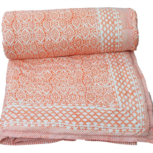 Soft Cozy Cotton Quilts Indian Cotton Winter Reversible Light Weight Traditional Quilt Razai Throw Ethnic Hand Block Print Coverlet Blanket