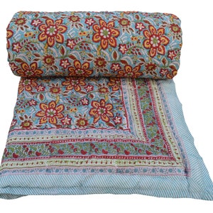 Indian Cotton Handmade Quilt Razai, Traditional Block Print Coverlet Razai, Queen Size Razai Bedspread Blanket Throw Bedding Quilt Bed Razai