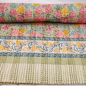 Promoção de colcha! Colcha de cama de algodão com estampa floral, tamanho queen, estampa de blocos à mão, colcha Kantha, verde Gudari, colchas reversíveis