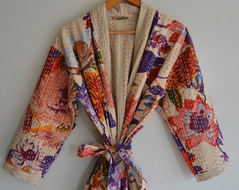 Sale Kimono !! Winter Warm Cotton Kantha Kimono, Indian Kantha Quilt Jacket, Beach Wear Stitch Kantha Robe Long Bath Robe Dressing Gown