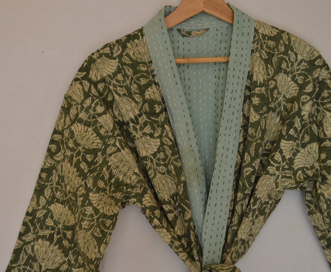 Bagru Floral Print Indian Kantha Quilt Robe for Beach Wear Cover Up