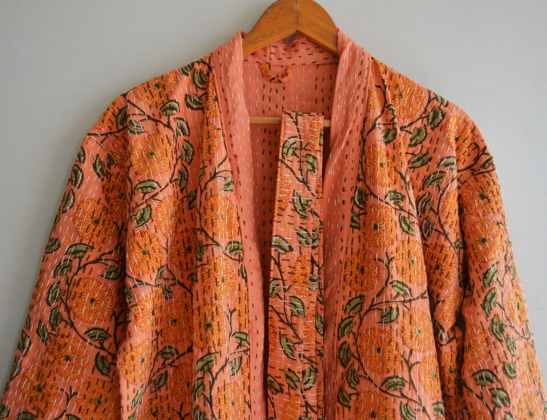 Handmade Quilted Indian Kantha Quilt Stitched Kimono, Block Printed