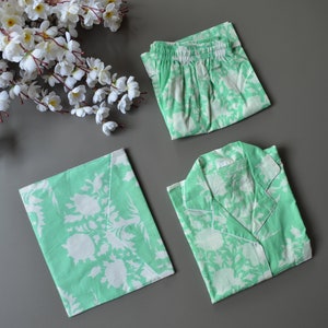 Ensemble pyjama tenue de nuit pour femme, pyjama indien en coton fait main, shorts ethniques et chemises avec sac, pyjama 3 pièces vert menthe, cadeaux de demoiselle d'honneur