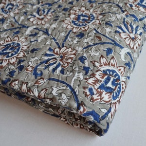 Hand Block Print Kantha Quilt, Organic Cotton Handmade Kantha Hand Stitch Quilt, Twin Size Bedding Blanket Vintage Quilt Throw Bedspread
