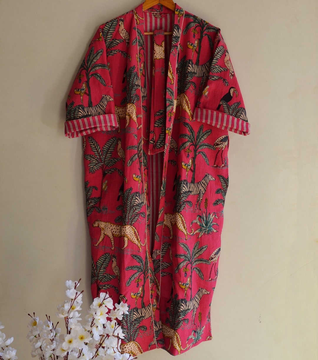 Unisex Waffle Linen Robe, Cotton Kimono Robe - Blue main image 0