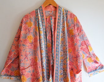 Christmas Sale !! Cotton Kimono Beautiful Pink Robe, 100% Cotton Women Long Bohemian Hippie Bathrobe Kimono Dress Ethnic Gown Floral Printed