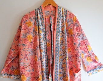 Christmas Sale !! Cotton Handmade Kimono Robe, 100% Cotton Women Long Bohemian Hippie Bathrobe Kimono Dress Ethnic Gown Tops Floral Printed