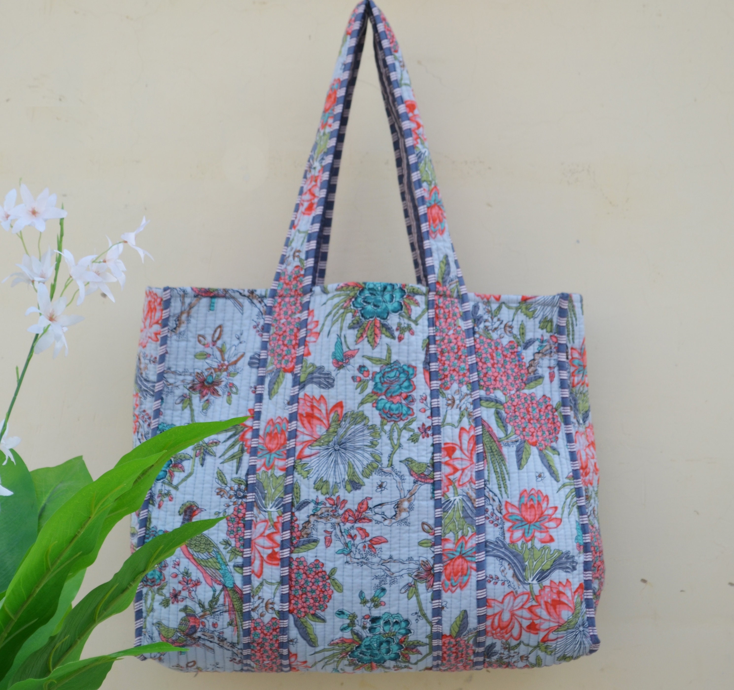 インド キルティング ハンドメイド 染め 美品 トートバッグ