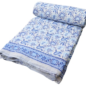 Winter Warm Hand Block Print Cotton Indian Winter Reversible Light Weight Quilt Razai Throw Ethnic Handmade Blanket Coverlet Floral Printed