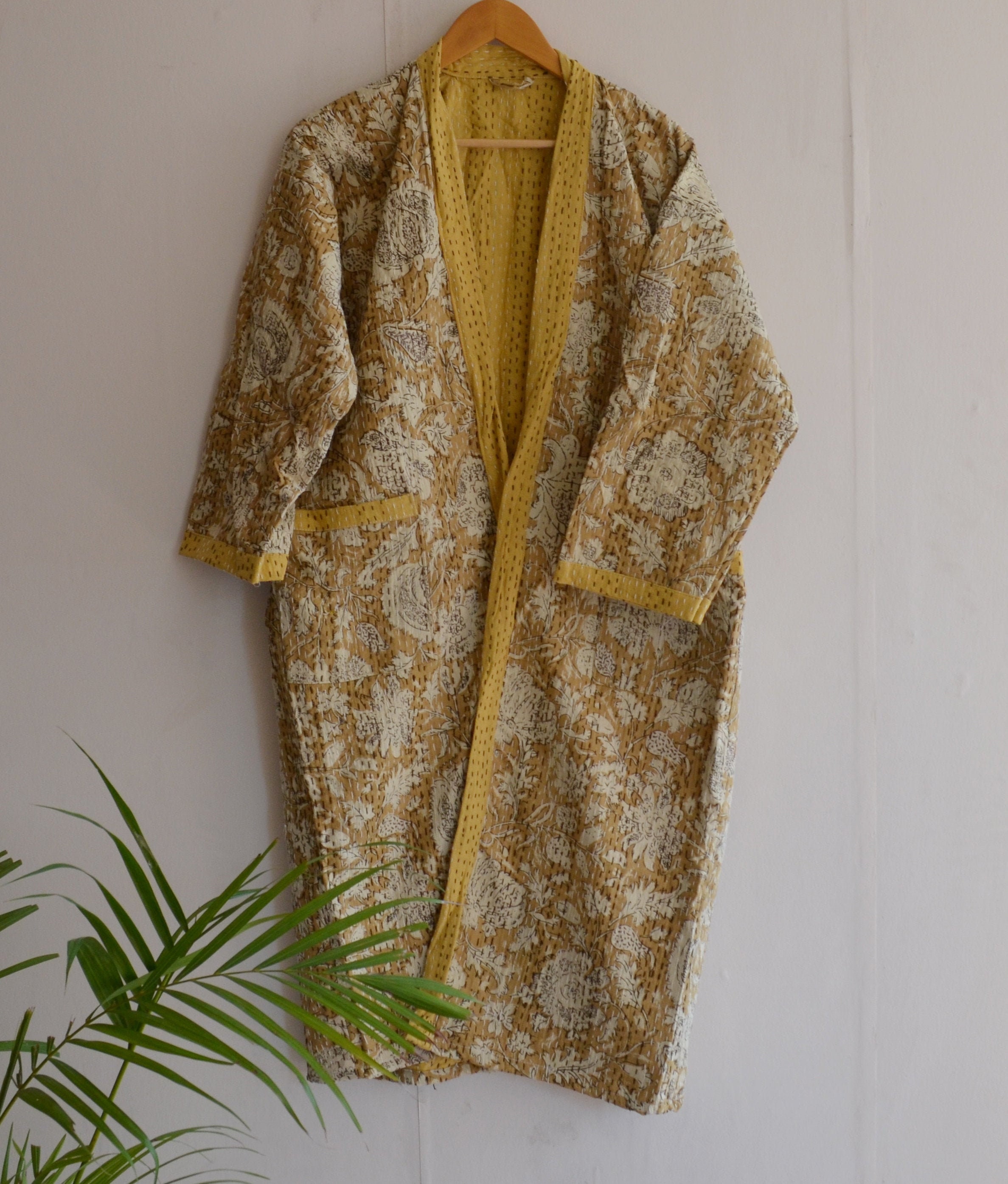 Indian Cotton Kantha Kimono, Soft Cotton Robe, Ethnic Night Wear Long Dress Kimono, Flower Block Print Kaftan Throw Bathrobe Winter Coat