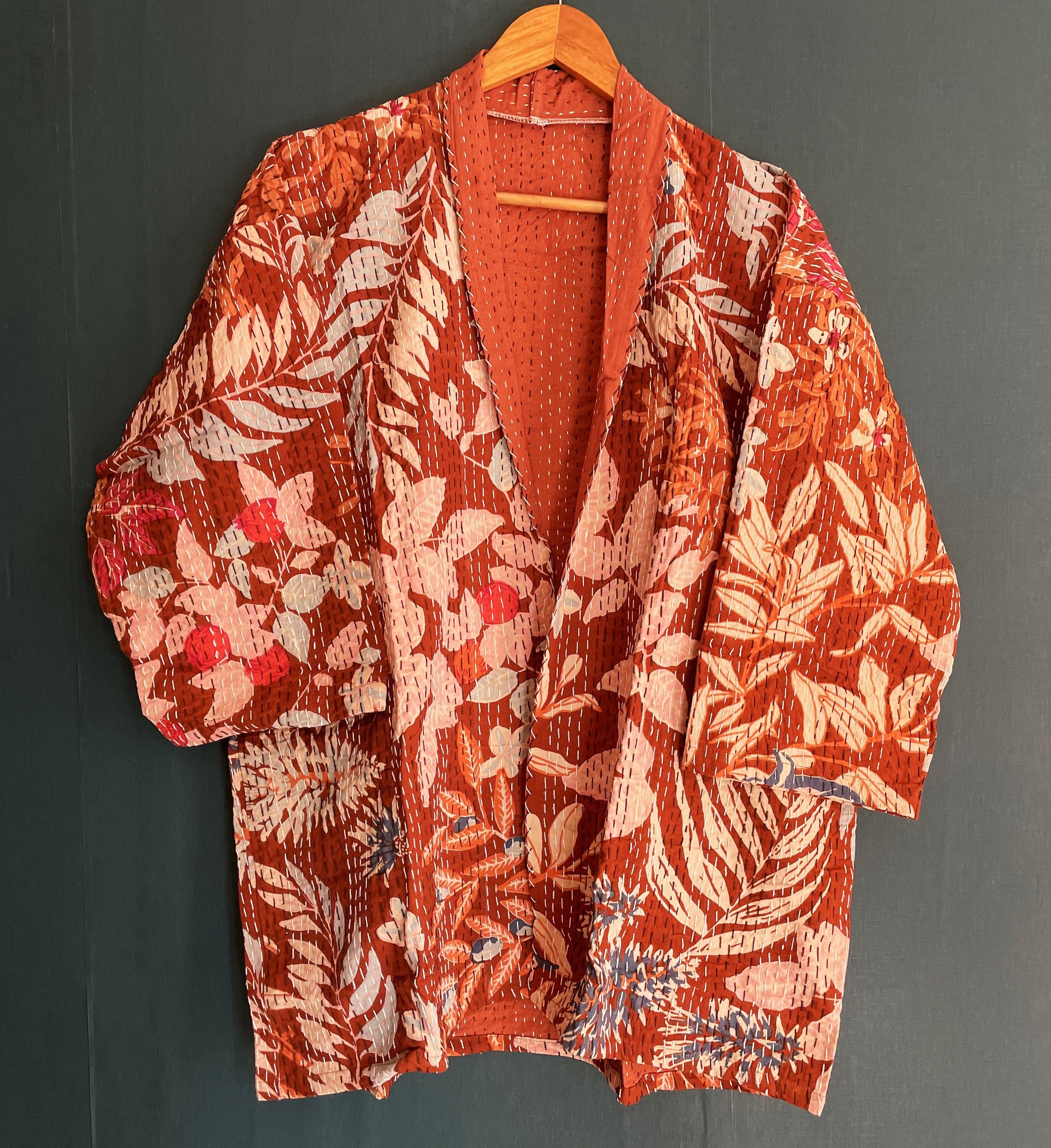 Leaf Print Kimono Winter Short Coat, Women Wear Front Open